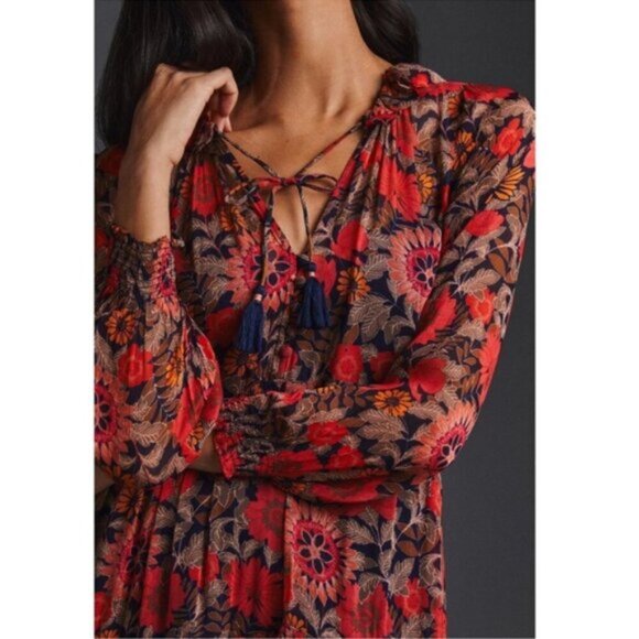 Anthropologie The Marais Printed Chiffon Maxi Dress- Red Motif Floral - Picture 4 of 16